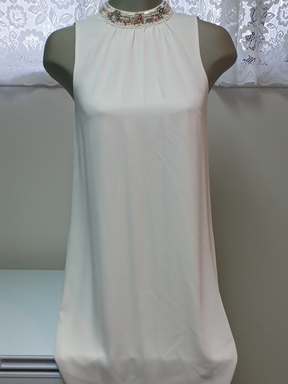 H&M Cream Beaded-Neck Sleeveless Shift Dress